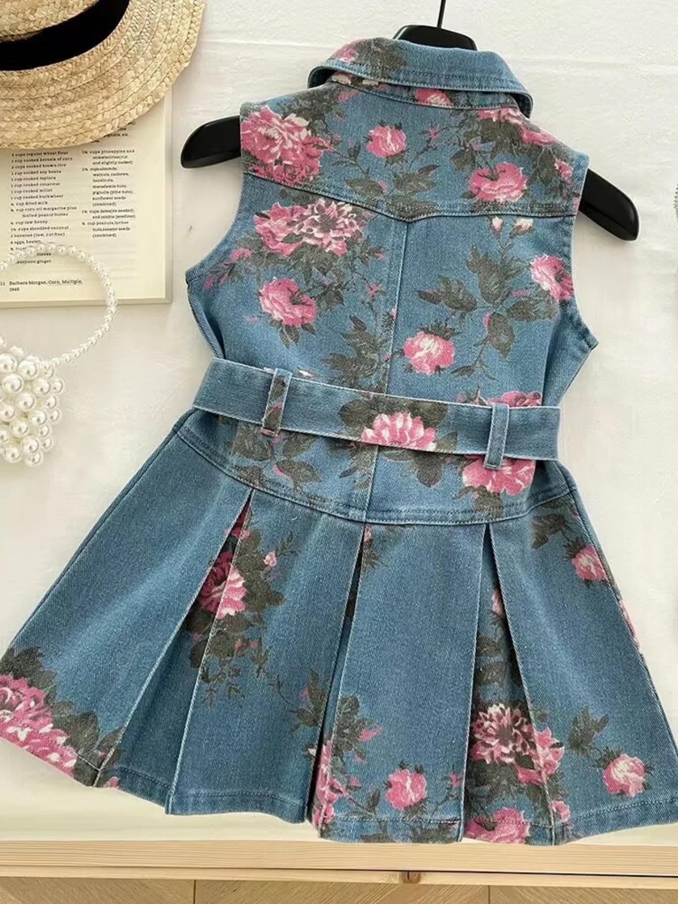 Robe d'été en jean pour filles – Col à imprimé floral et jupe trapèze ceinturée, robe de princesse d