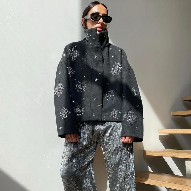 Manteau chic luxueux à perles pour femmes, vêtements d'extérieur en laine, vestes à manches longues,