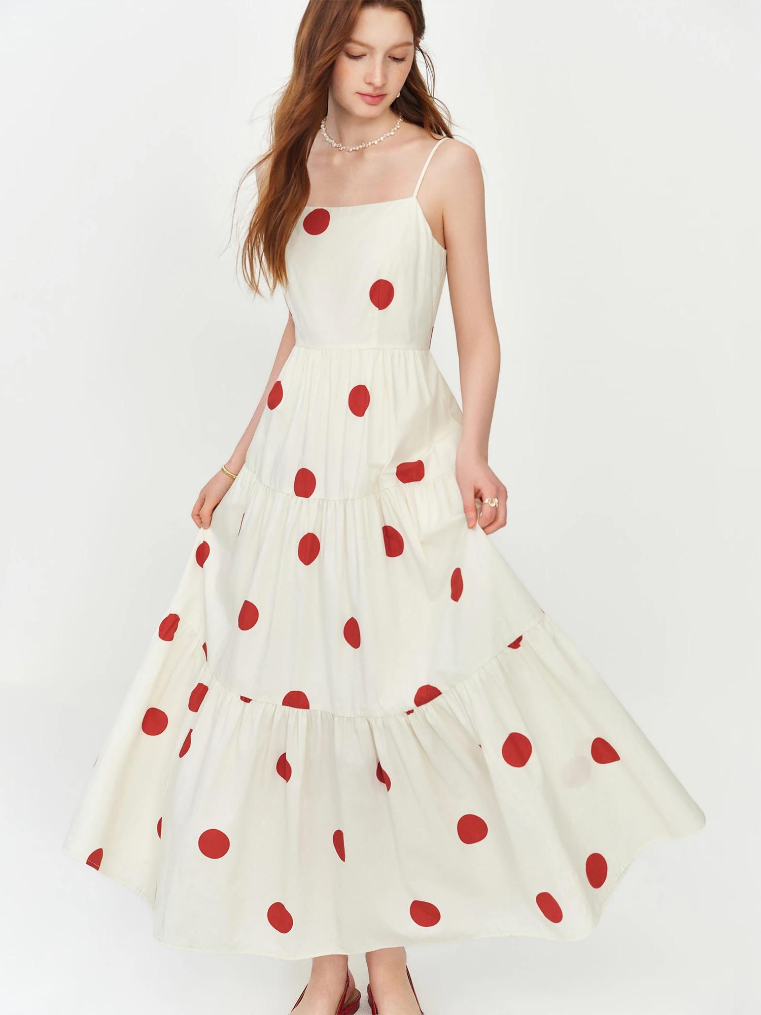 Robe longue FSLE style resort à pois rouges, col carré, bretelles ajustables, pour l'été 2026, nouve