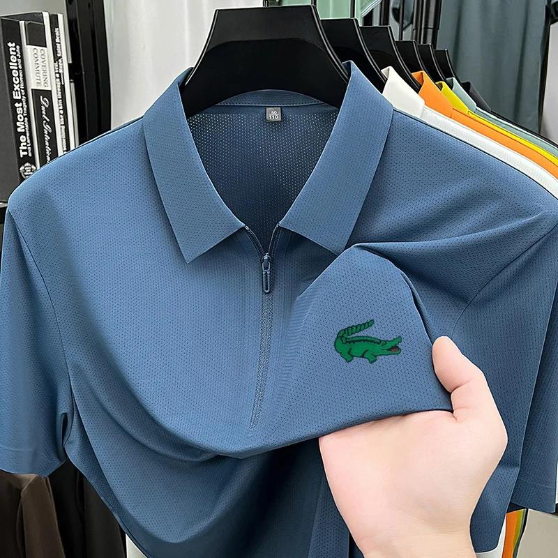 Polo texturé premium pour homme, sans couture, demi-zip, imprimé crocodile, manches courtes, col rev