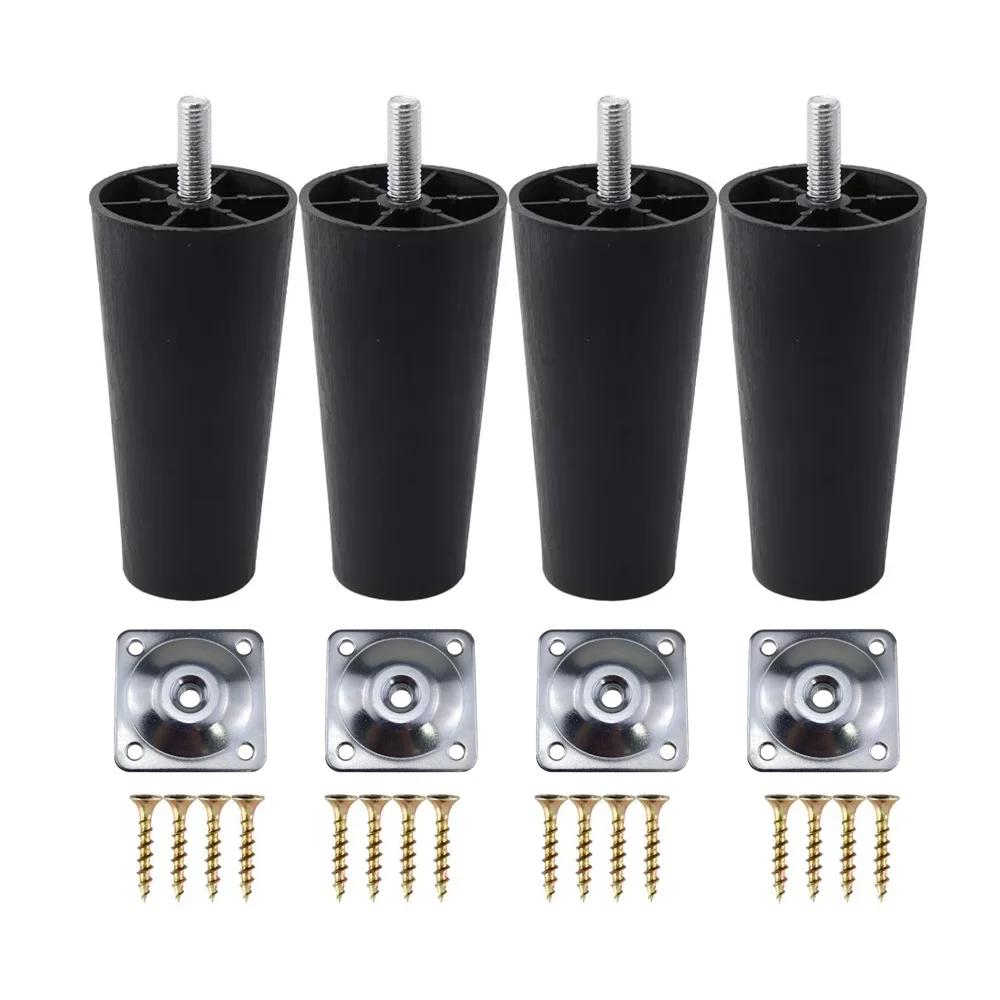 Pieds de Meuble Ronds Coniques en Plastique Noir, avec Plaques de Montage, Tige Filetée M8 x 25, pou