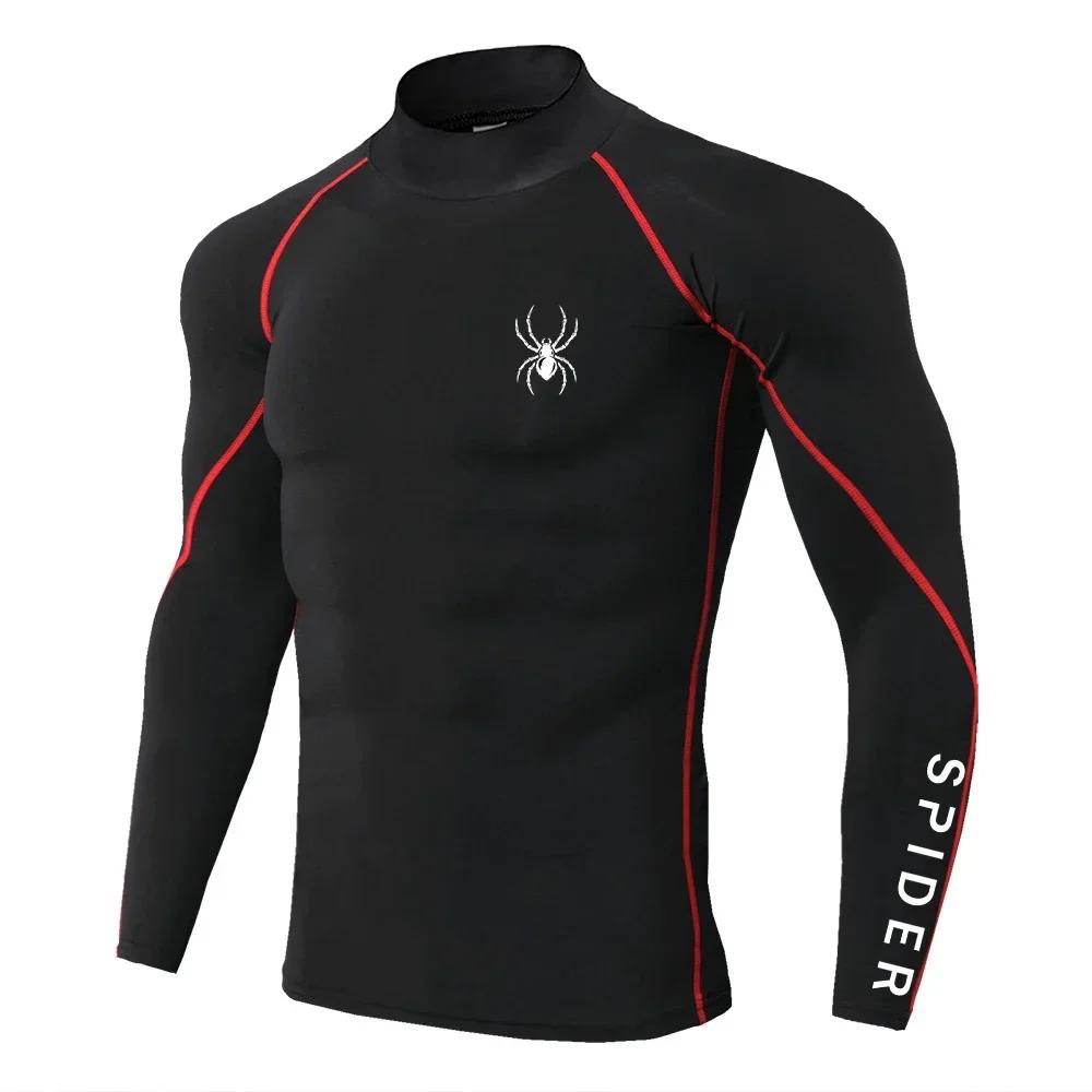T-shirts de course à manches longues pour hommes, chemises de Sport à Compression, impression araign