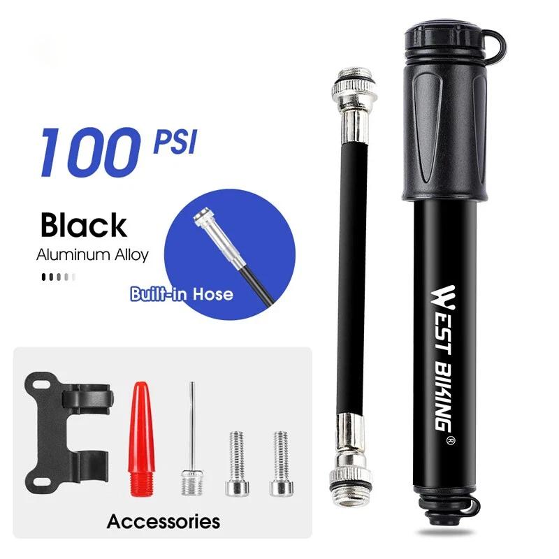 Pompe à vélo WEST BIKING, mini portable 100 PSI avec tuyau anti-fuite, pompe en alliage d'aluminium