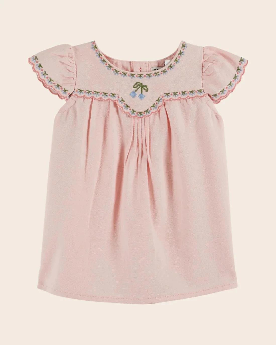 Robe en jean plissée pour fille, broderie florale, manches courtes, style princesse, collection été