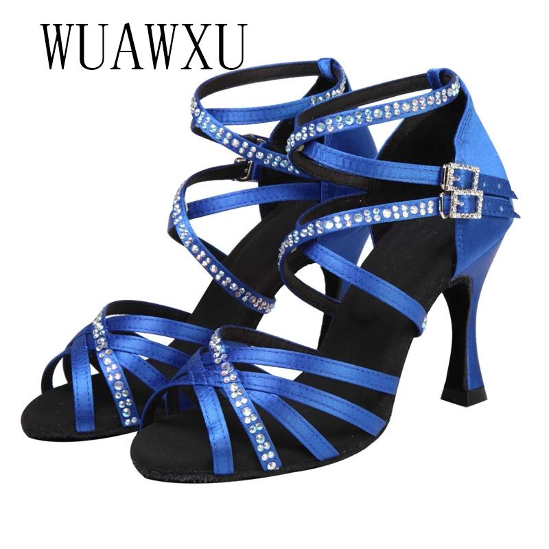 Nouveau Chaussures De danse latine incrustées De diamant Satin bleu 9cm talon haut femme adulte seme
