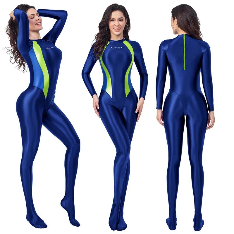 AMORESY brillant femmes corps costumes combinaison serrée huileux lisse brillant sport cyclisme Fitn