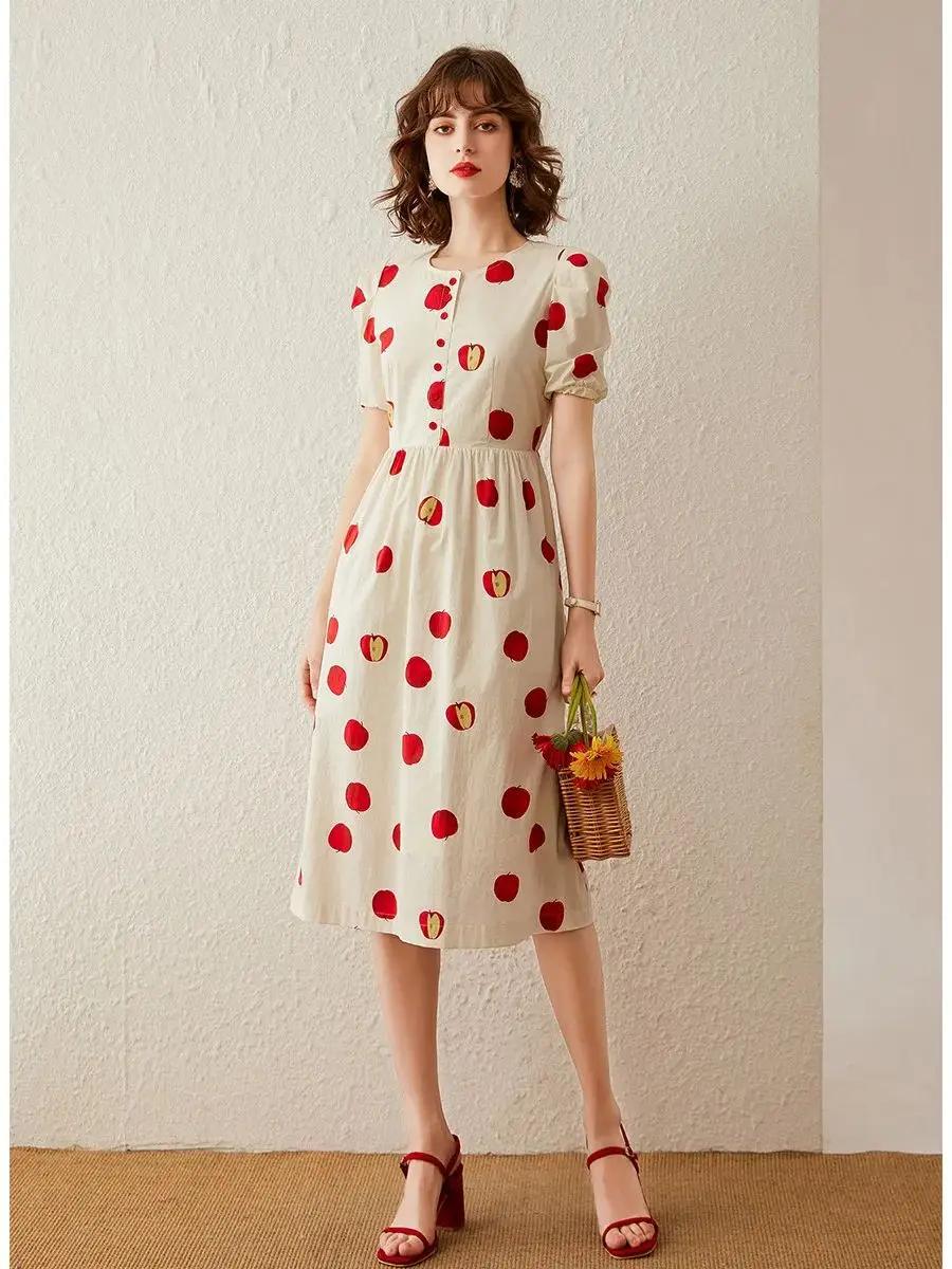 Modiis Yao-Robe longue trapèze pour femme, tenue élégante, imprimée pomme, col rond, manches courtes
