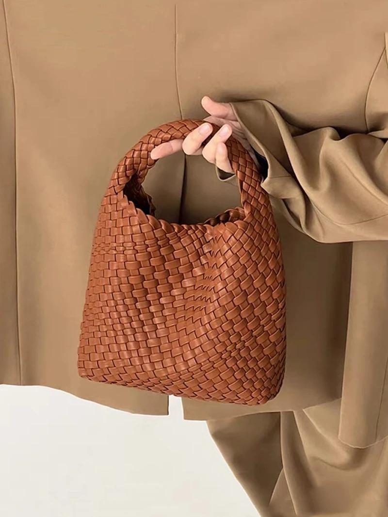 Sac seau tissé à la main pour femme, sac à main de créateur, PU, petite taille, haute qualité, luxe,