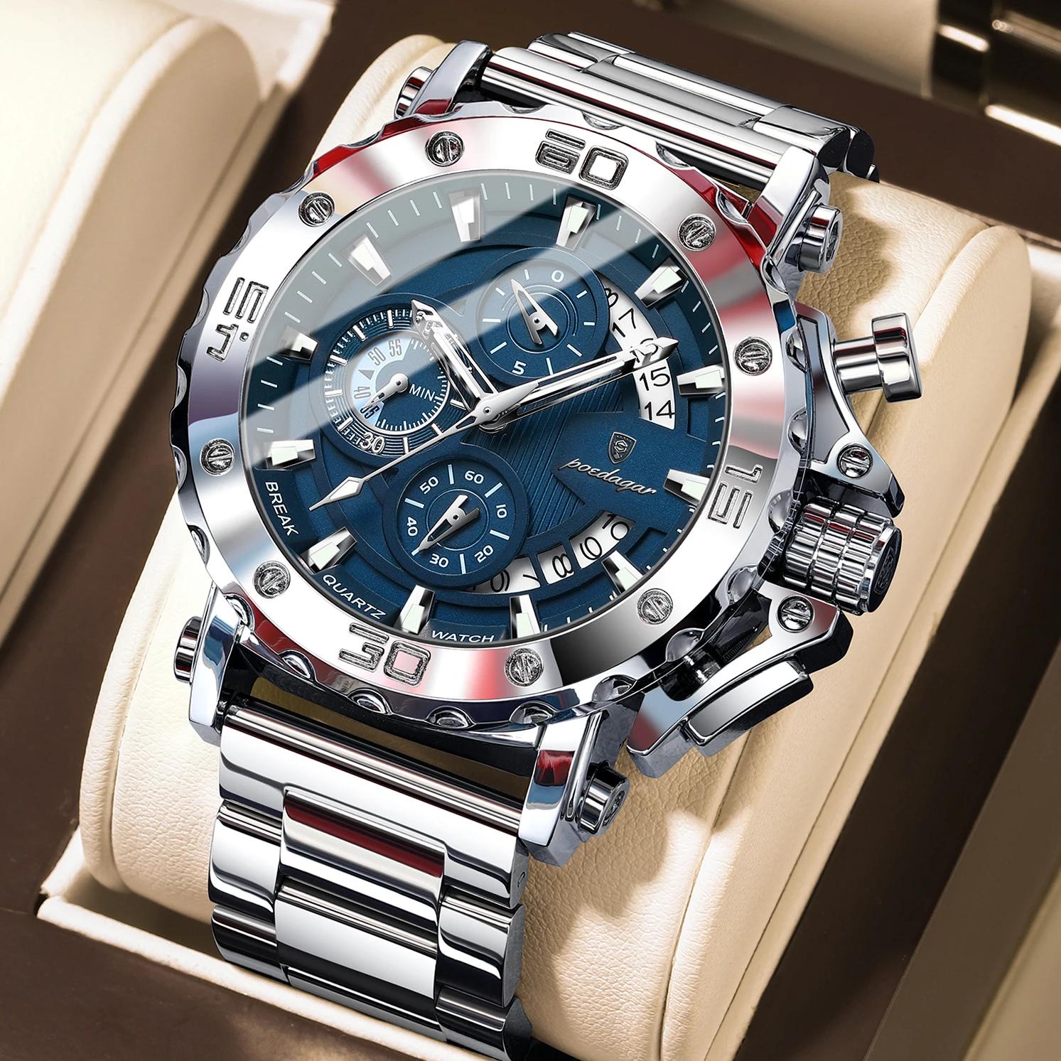 POEDAGAR montre pour hommes de luxe calendrier lumineux étanche homme horloge chronographe en acier