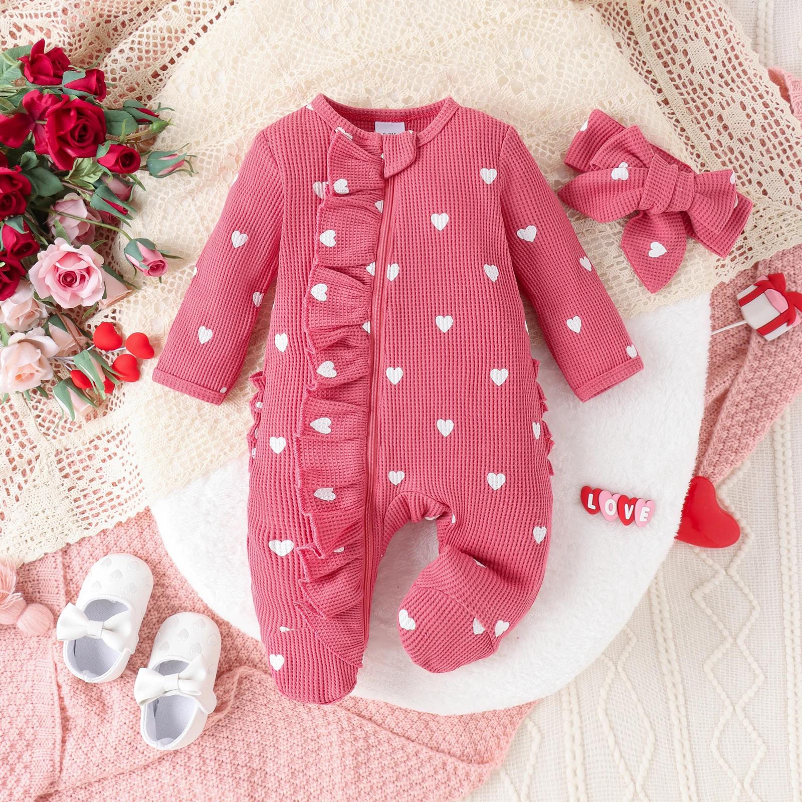 2 pièces automne de 0 à juin nouveau-né bébé confortable mignon col rond gaufré coeur fermeture écla