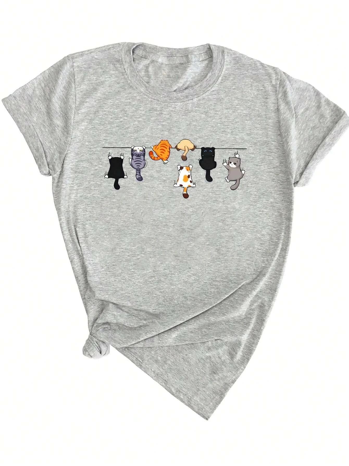 Femmes mignon chat imprimé col rond à manches courtes t-shirt style décontracté blanc à manches cour