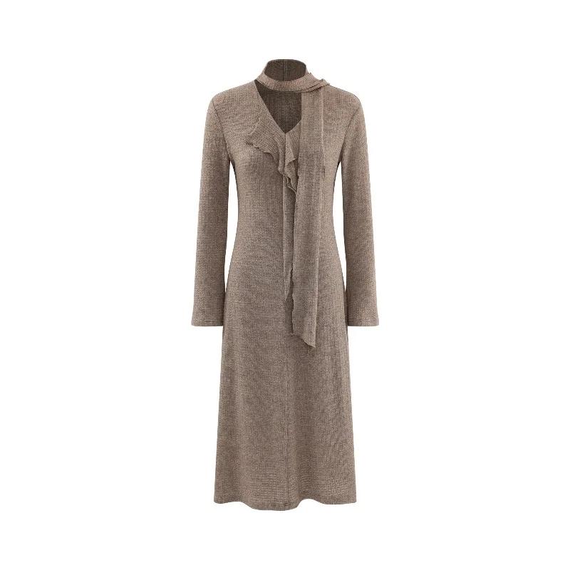 Robe française élégante en tricot, col en v, manches longues, élastique, Maxi, Design asymétrique, r