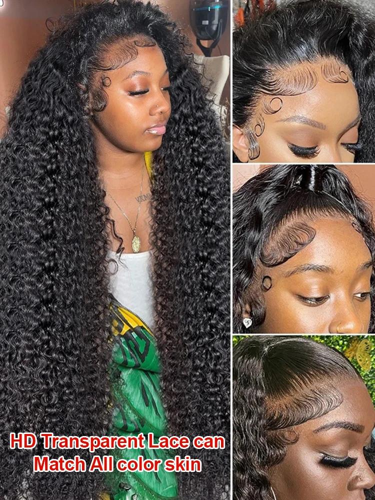 300% densité bouclés perruques cheveux humains 13x6 HD dentelle frontale vague profonde perruques 46