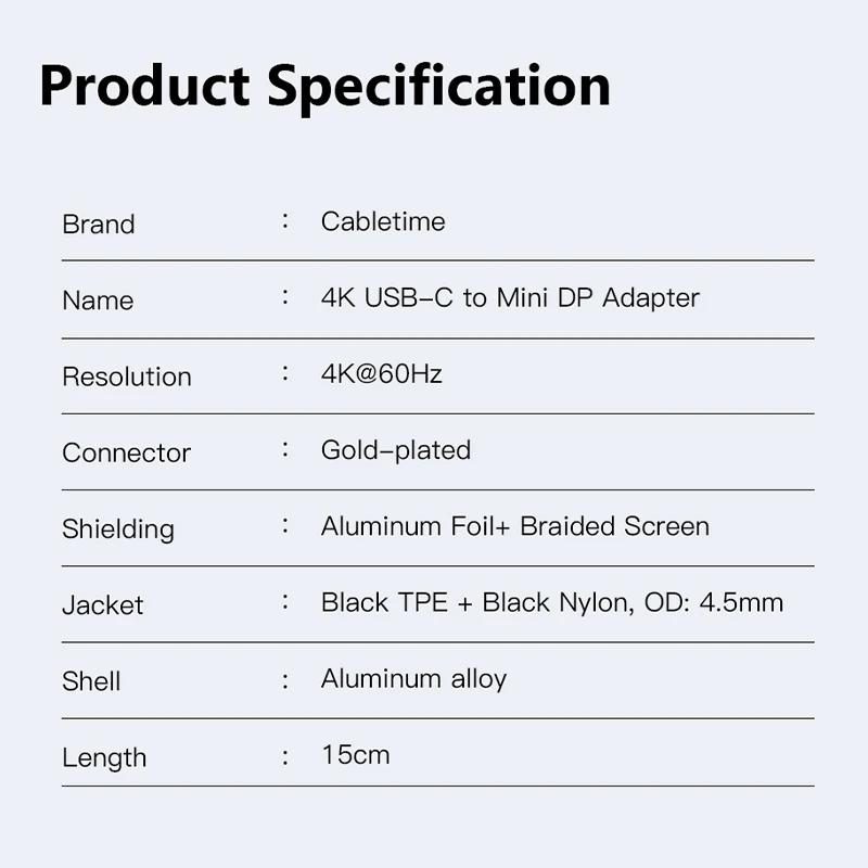CABLETIME USB C vers Mini Displayport adaptateur 4K 60Hz pour ordinateur portable Macbook Huawei Mat