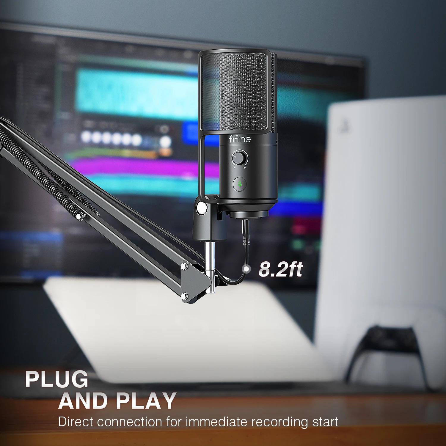 Kit de microphone de Streaming USB FIFINE avec bras de flèche, ensemble de micro à condensateur avec