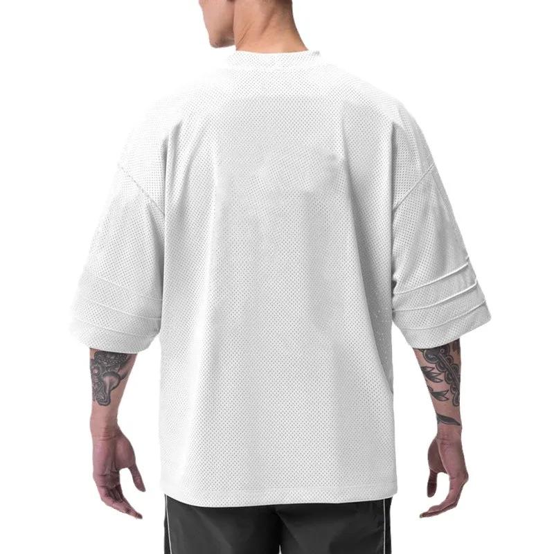 T-shirt manches mi-longues pour hommes, sport de gymnastique uni, musculation, maille surdimensionné