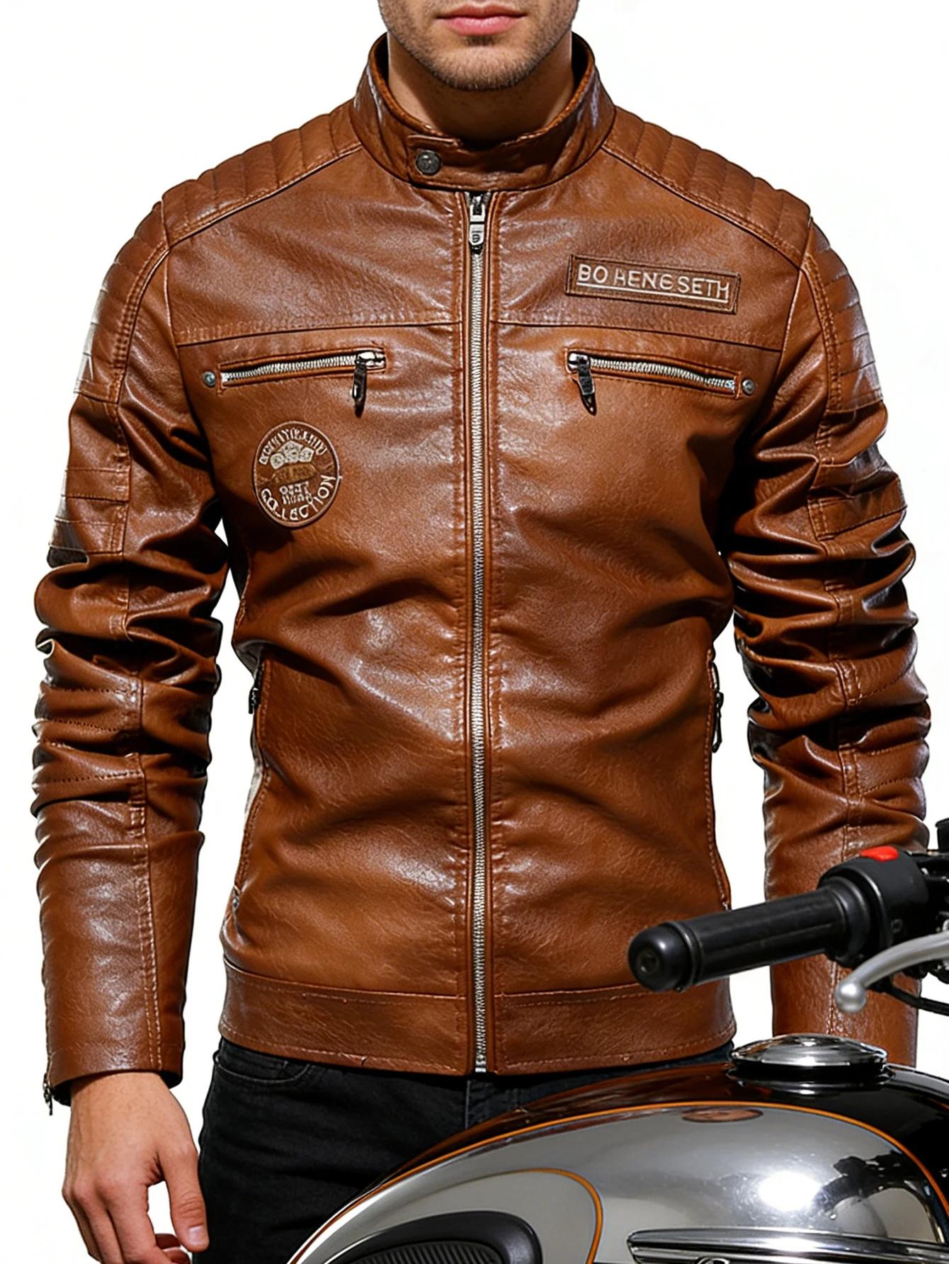 Veste en cuir à col montant pour hommes, vêtements d'extérieur légers en simili cuir pour moto