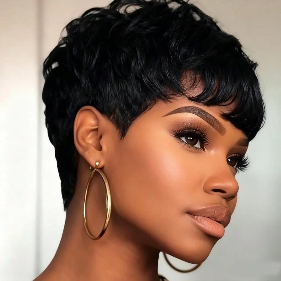 Perruque de cheveux humains droits coupe lutin courte avec frange cheveux péruviens coupe lutin en c