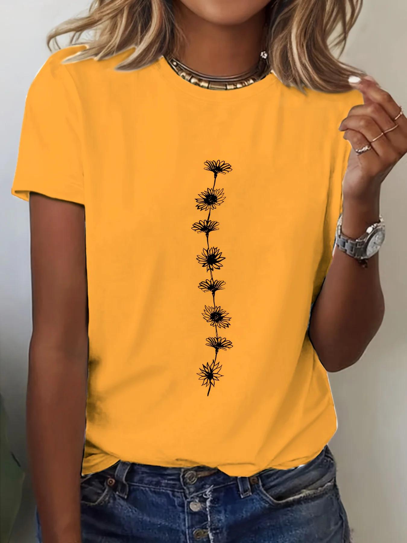 T-Shirt décontracté imprimé tournesol pour femmes, haut à manches courtes et col rond, parfait pour