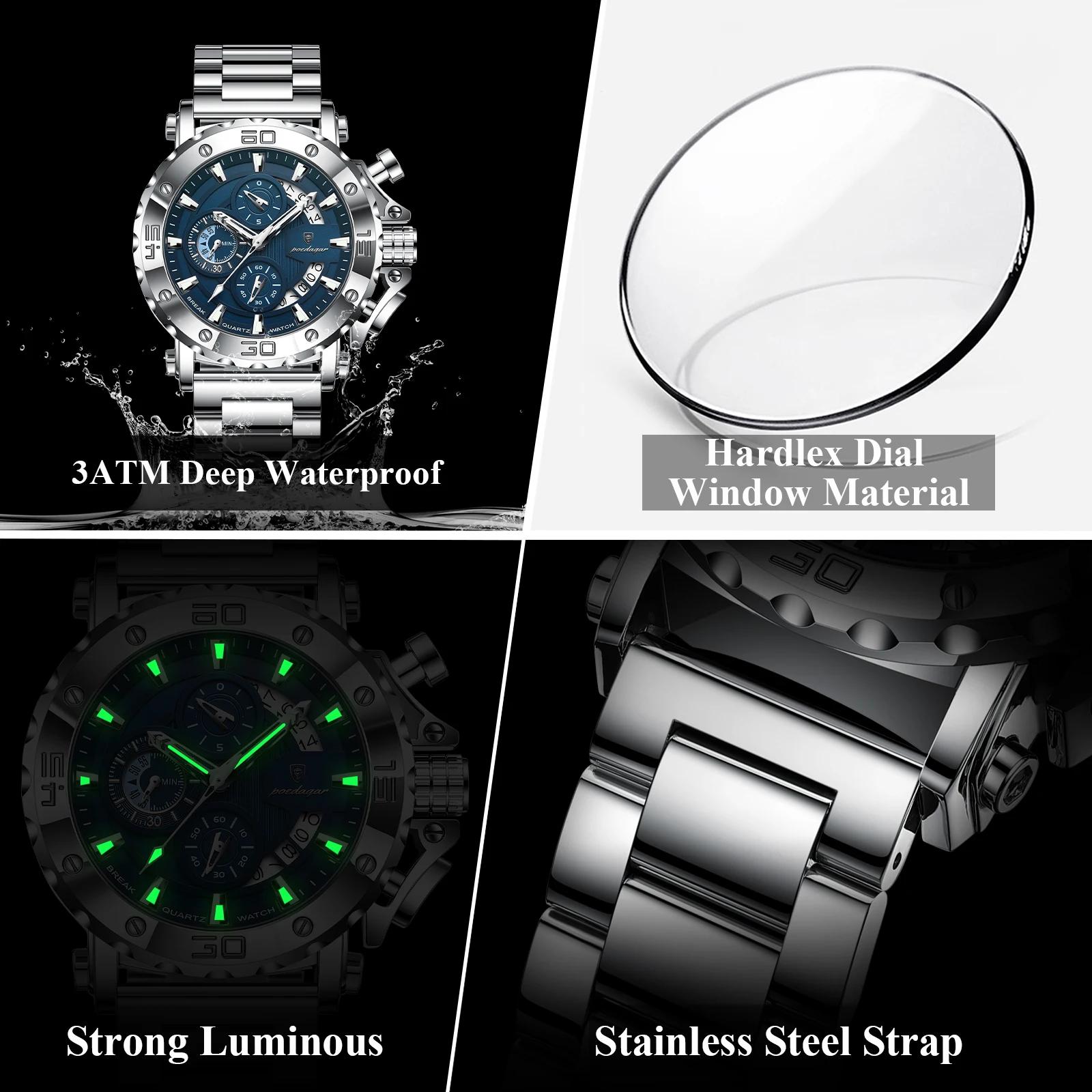 POEDAGAR montre pour hommes de luxe calendrier lumineux étanche homme horloge chronographe en acier