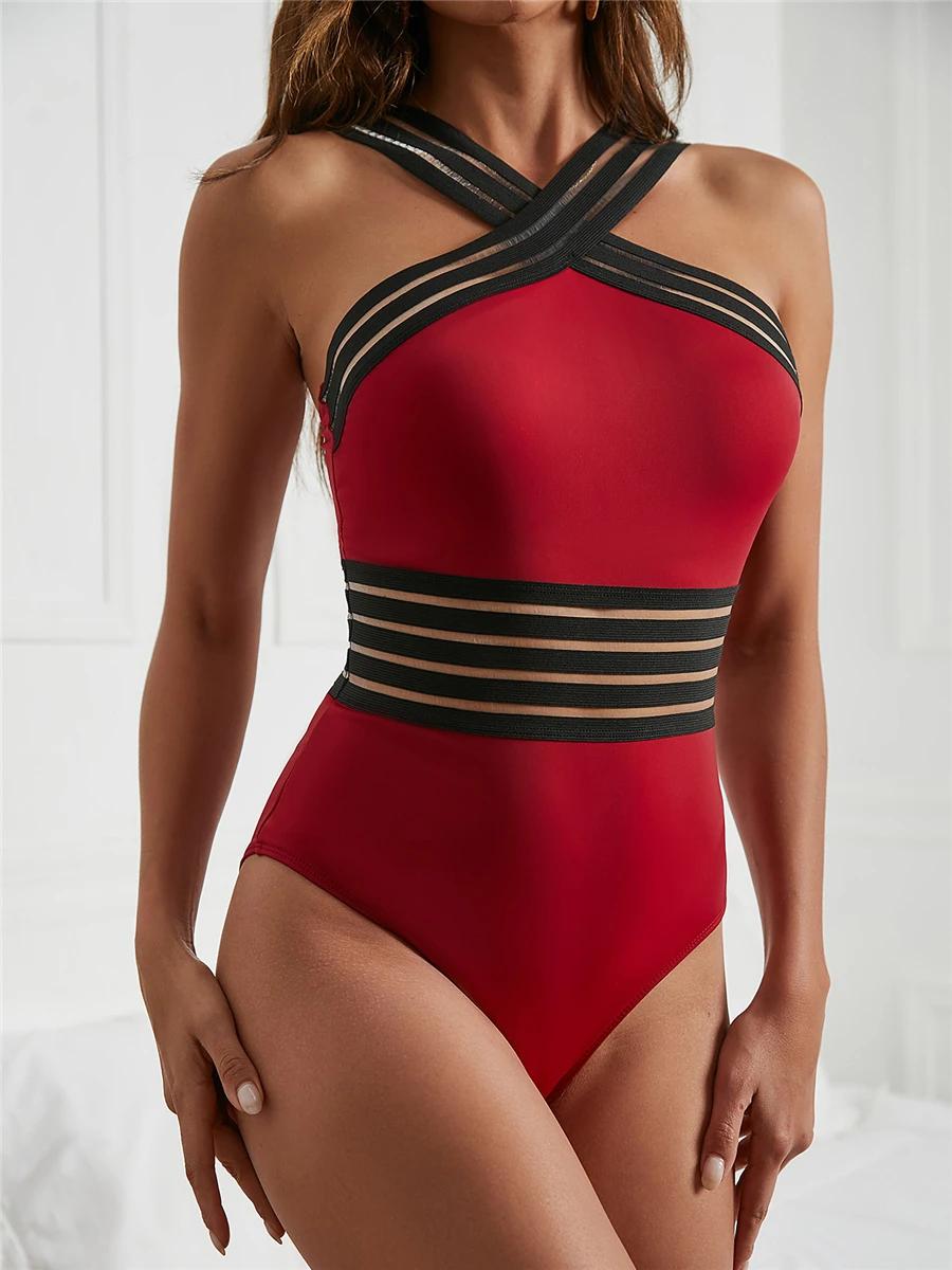 Maillot de bain une pièce bande maille unie - Sexy col haut croisé devant - Rembourré plage femme 2025