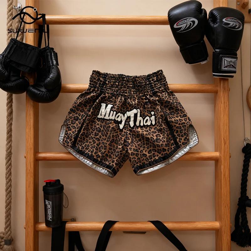 Short léopard Muay Thai marron, pantalon de combat Kickboxing pour hommes, femmes et enfants, short