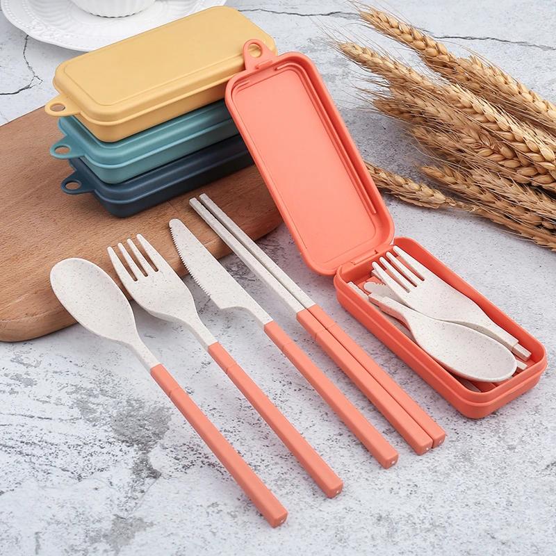 4 pièces ensemble de vaisselle Portable paille de blé vaisselle couverts détachables vaisselle de vo