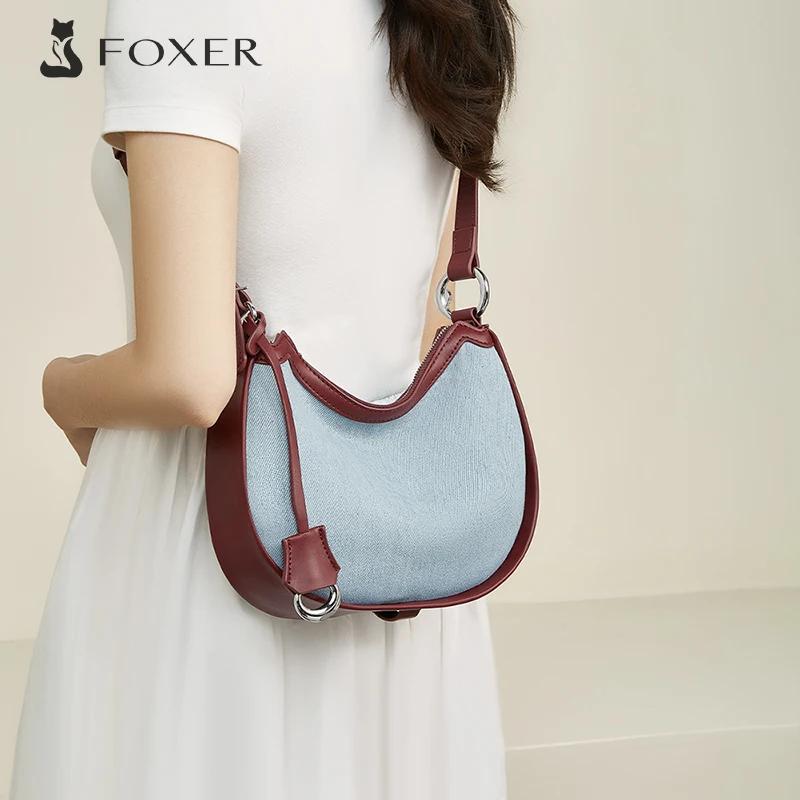 FOXER femmes Denim + cuir sac à bandoulière demi-lune sac à bandoulière mode dame petit Simple bleu