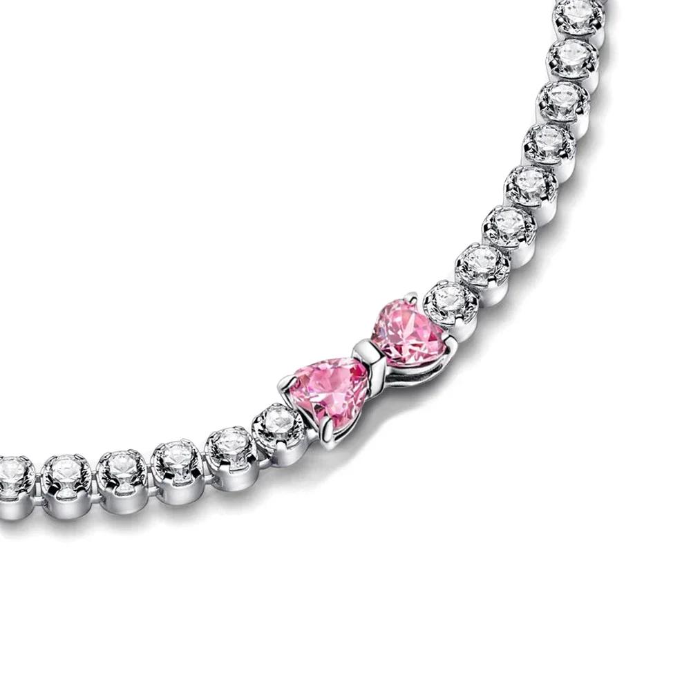 2025 Valentine nouveau 925 argent rose arc plein diamant Bracelet Original 17-20CM ajustement bricol
