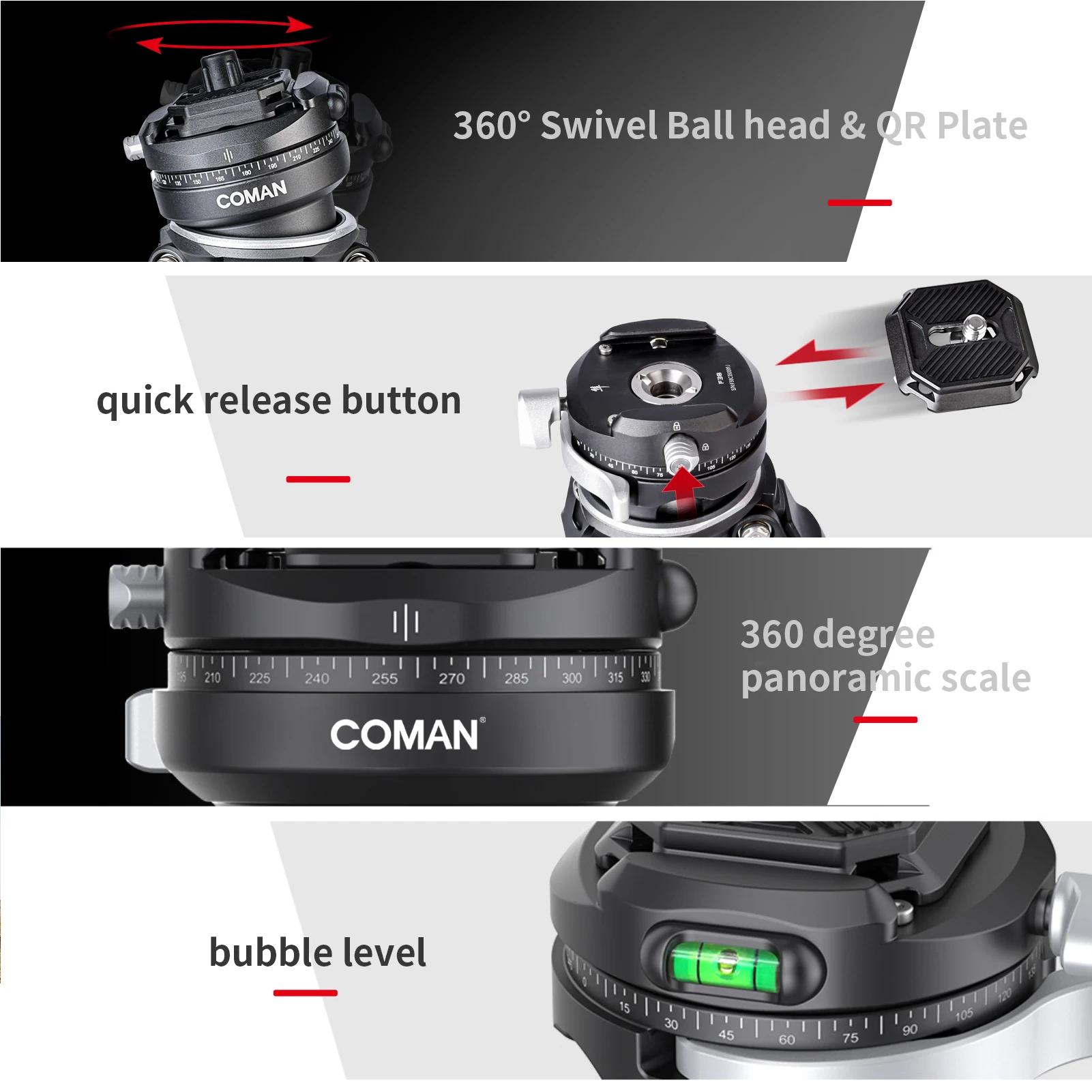 Trépied en fibre de carbone COMAN Zero F38 Travel avec rotation à 360° ° Tête sphérique panoramiqu