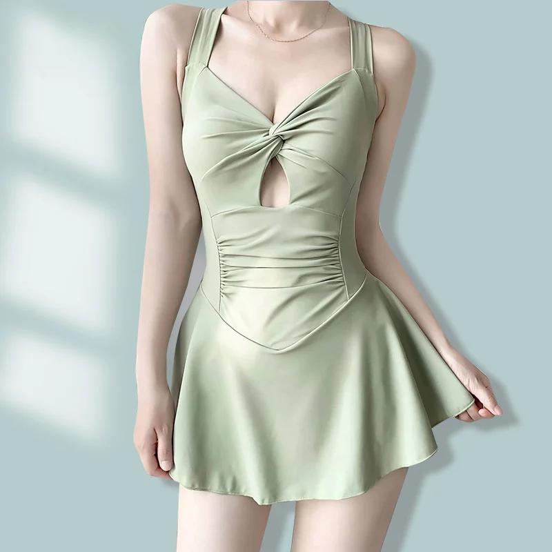 Maillot de bain une pièce femme amincissant couleur unie - Style conservateur serrage taille vacances plage