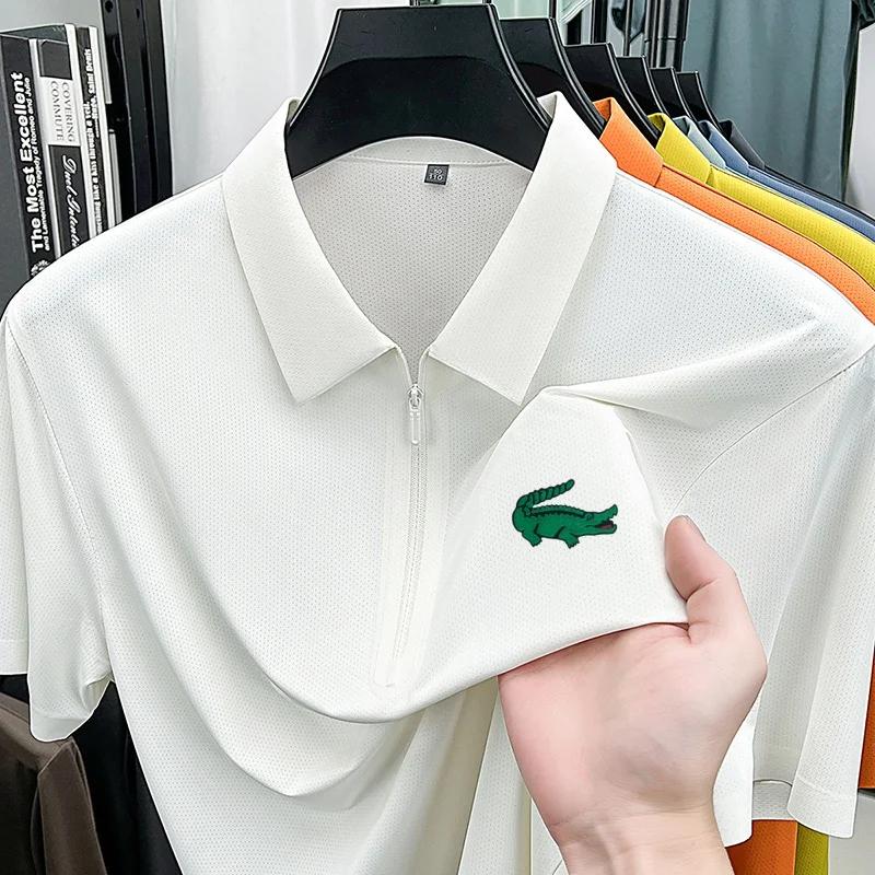 Polo texturé premium pour homme, sans couture, demi-zip, imprimé crocodile, manches courtes, col rev
