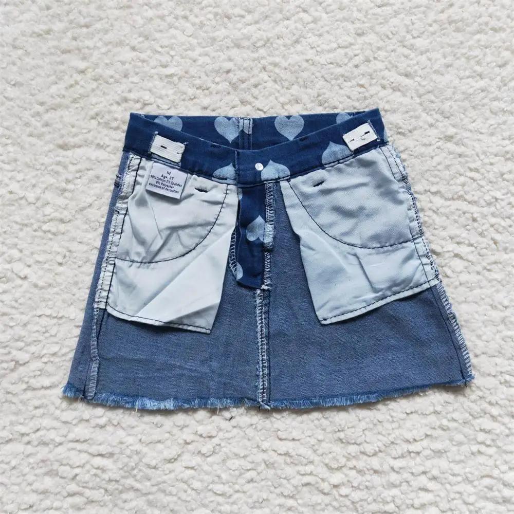 Jupe jean à poches pour enfants, élastique, réglable, amour, bébé fille, été, fermeture éclair, bleu