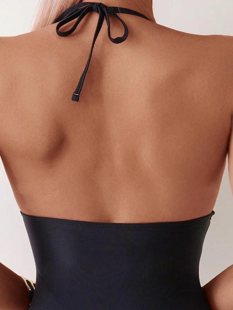 Maillot de bain une pièce noir, col licou, en maille, Sexy, Monokini, col en V, vêtements de plage,