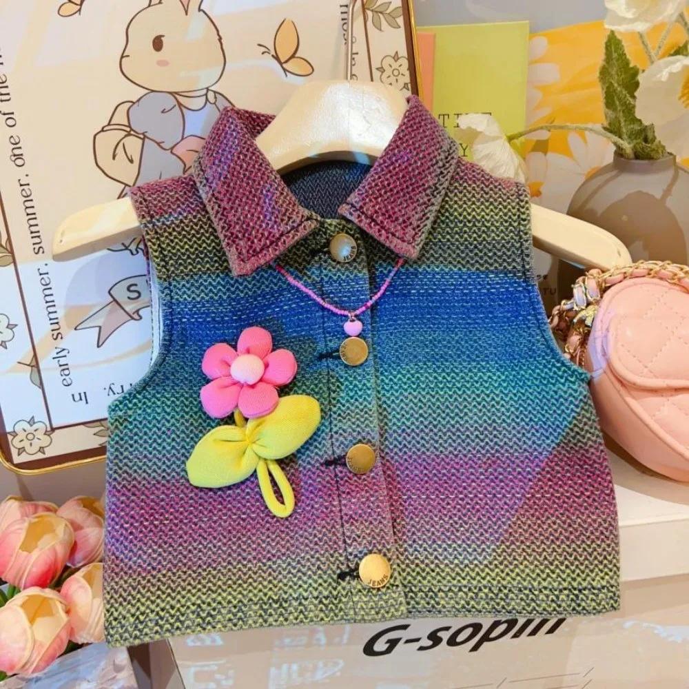Ensemble deux pièces pour fille, couleur dégradée, avec revers, sans manches, décoration tournesol 3