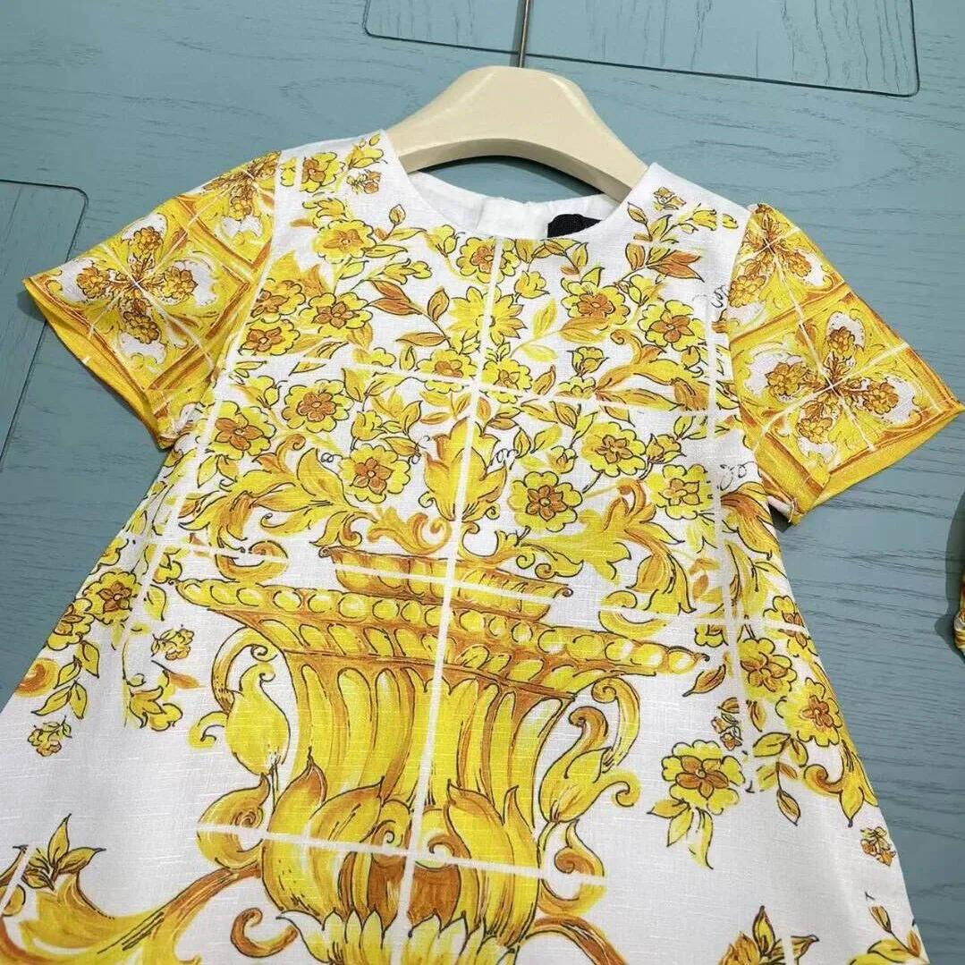Robe en coton à motif floral doré pour filles, robe bébé, col rond, dernier style, 6-36M, 2024