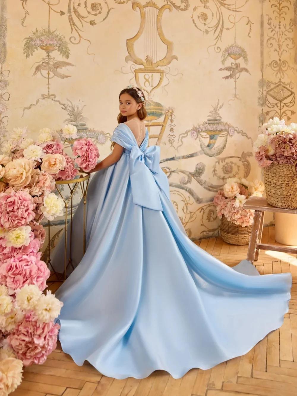 Robe longue de princesse en satin bleu clair pour enfants, tenue de fête d'anniversaire, épaules dén