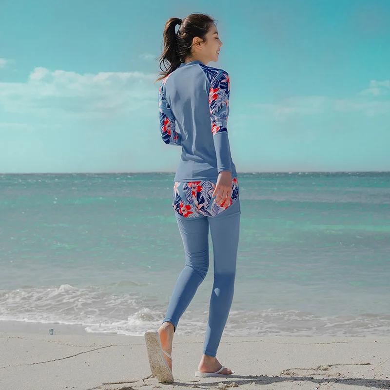 Rashguard imprimé à manches longues pour femmes, 3 pièces/ensemble, Protection solaire UV, chemise d