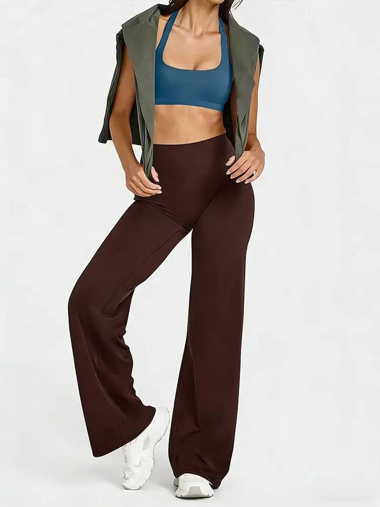 Pantalon de yoga taille haute pour femme, coupe droite, avec effet ventre plat, ourlet large, léger