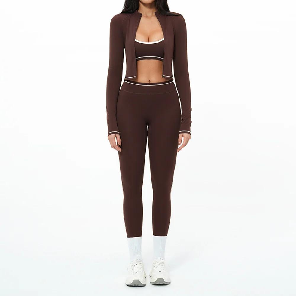 Ensemble de yoga 3 pièces avec fermeture éclair, tenue de sport d'extérieur, survêtement de gym pour