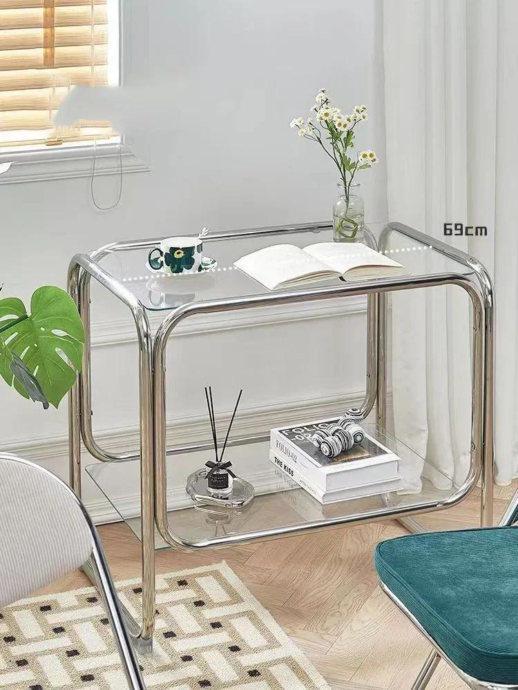 Table basse en acier inoxydable de style nordique, rangement à double couche, table d'angle, petit c