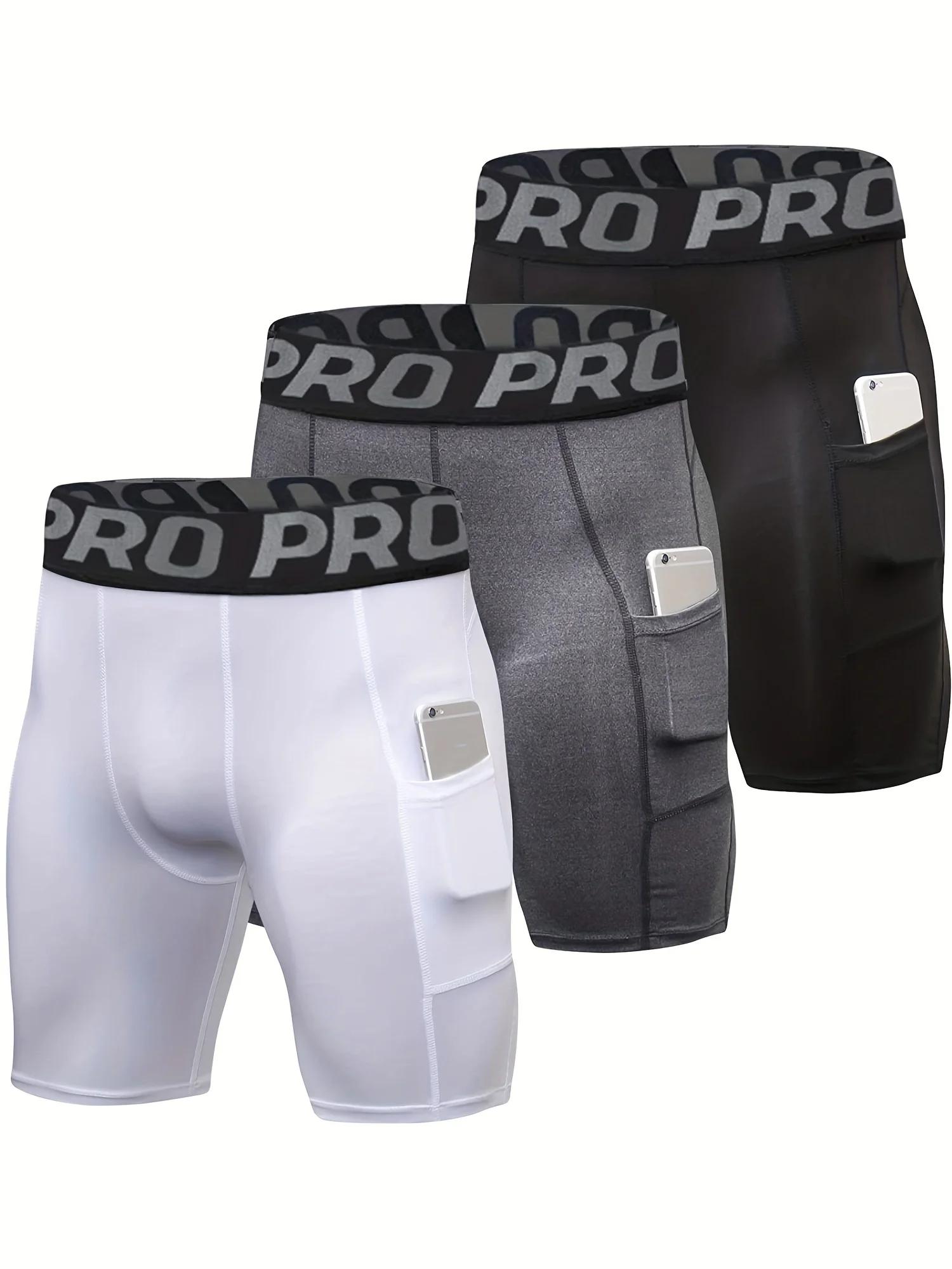 Lot de 3 shorts de compression pour hommes avec poche, shorts de course en spandex, sous-vêtements d