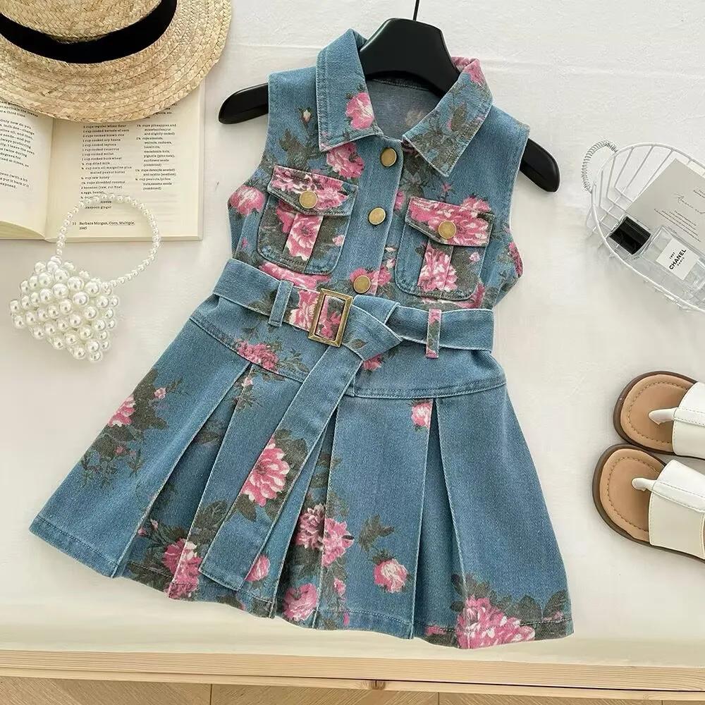 Robe d'été en jean pour filles – Col à imprimé floral et jupe trapèze ceinturée, robe de princesse d