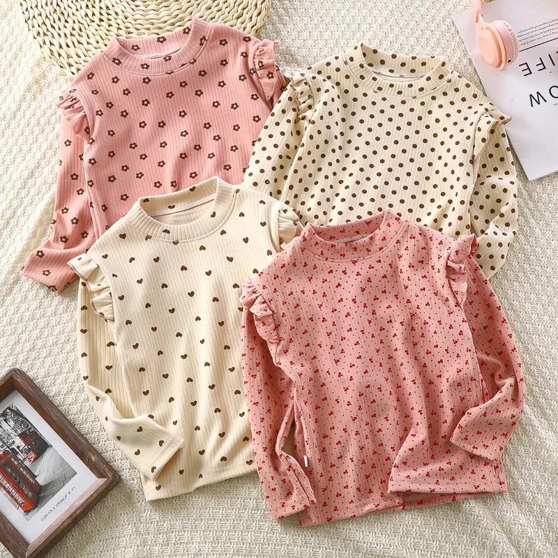 Maillot de corps à manches longues pour enfants, joli t-shirt à pois floraux, chemise en Y douce pou