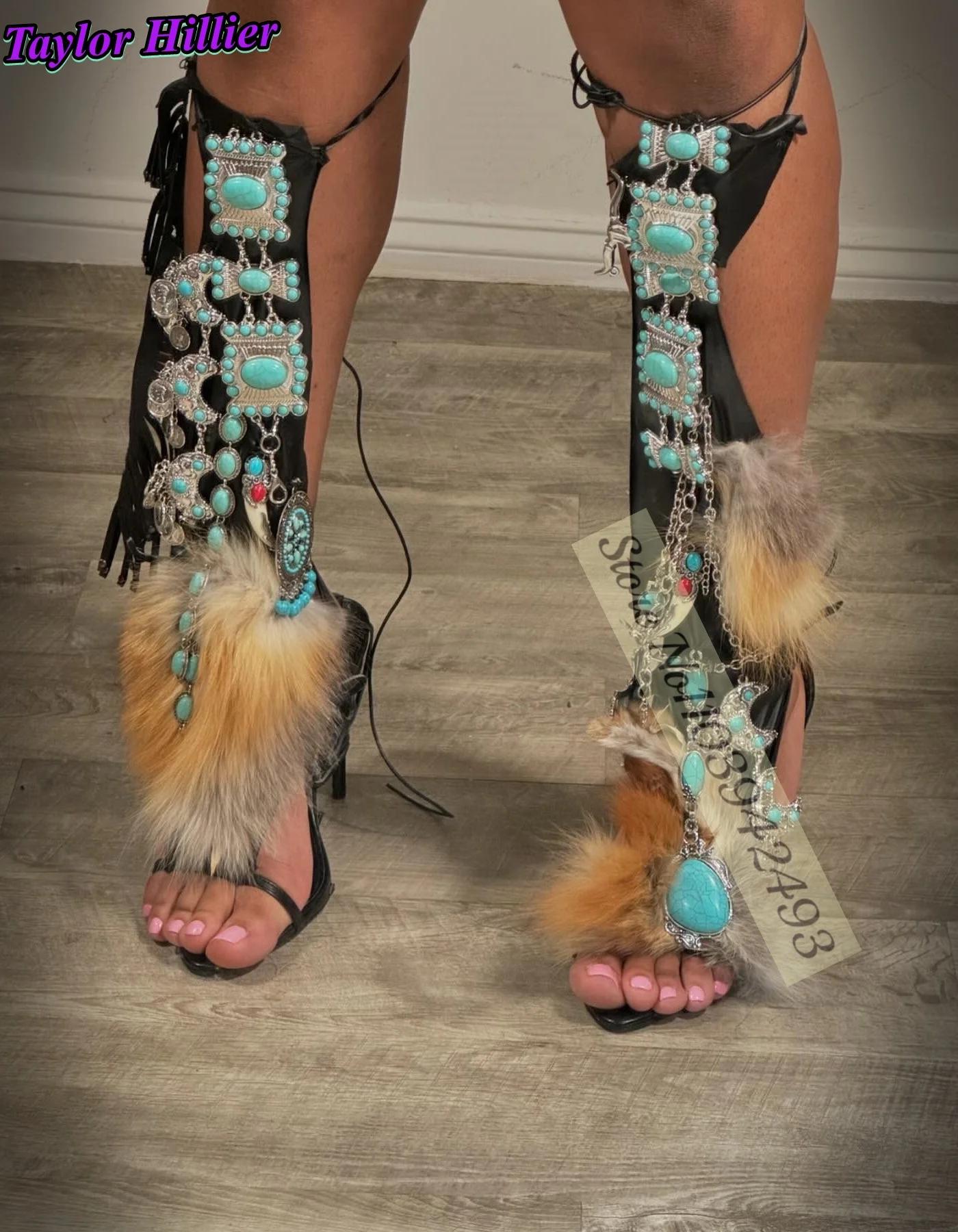 Gladiateur talons Turquoise fourrure Wrap sandales femmes chaussures couleur mixte romain mince talo