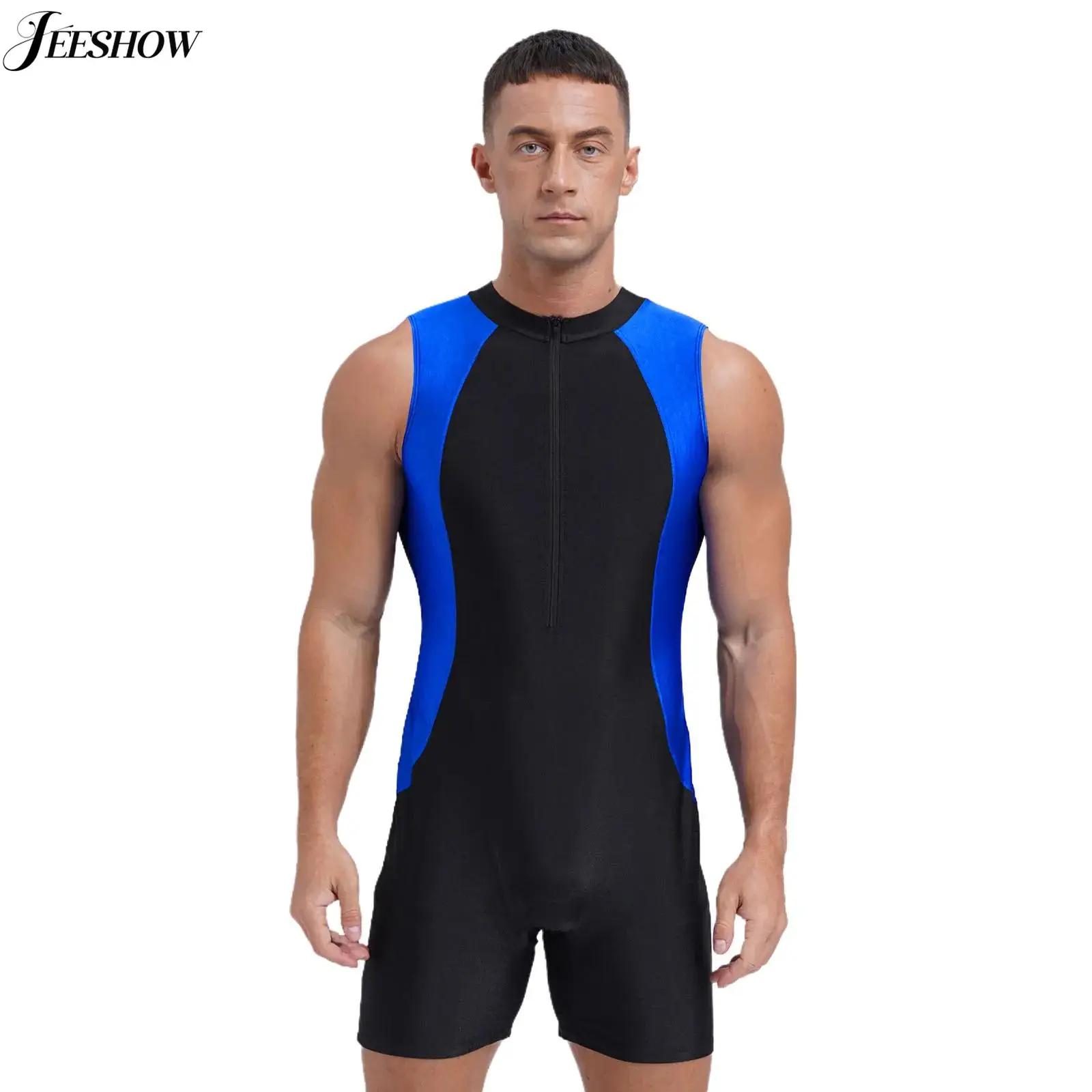 Maillot de bain une pièce pour hommes, bloc de couleurs, col rond, sans manches, fermeture éclair su