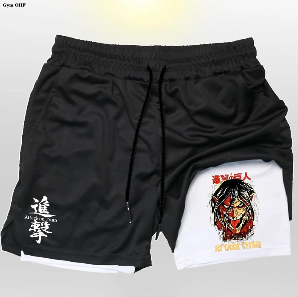 Anime Attack On hommes Gym séchage rapide Jogging Shorts Fitness entraînement course 2 en 1 pantalon