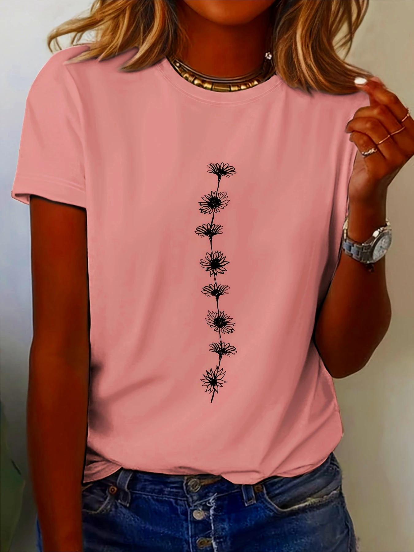 T-Shirt décontracté imprimé tournesol pour femmes, haut à manches courtes et col rond, parfait pour