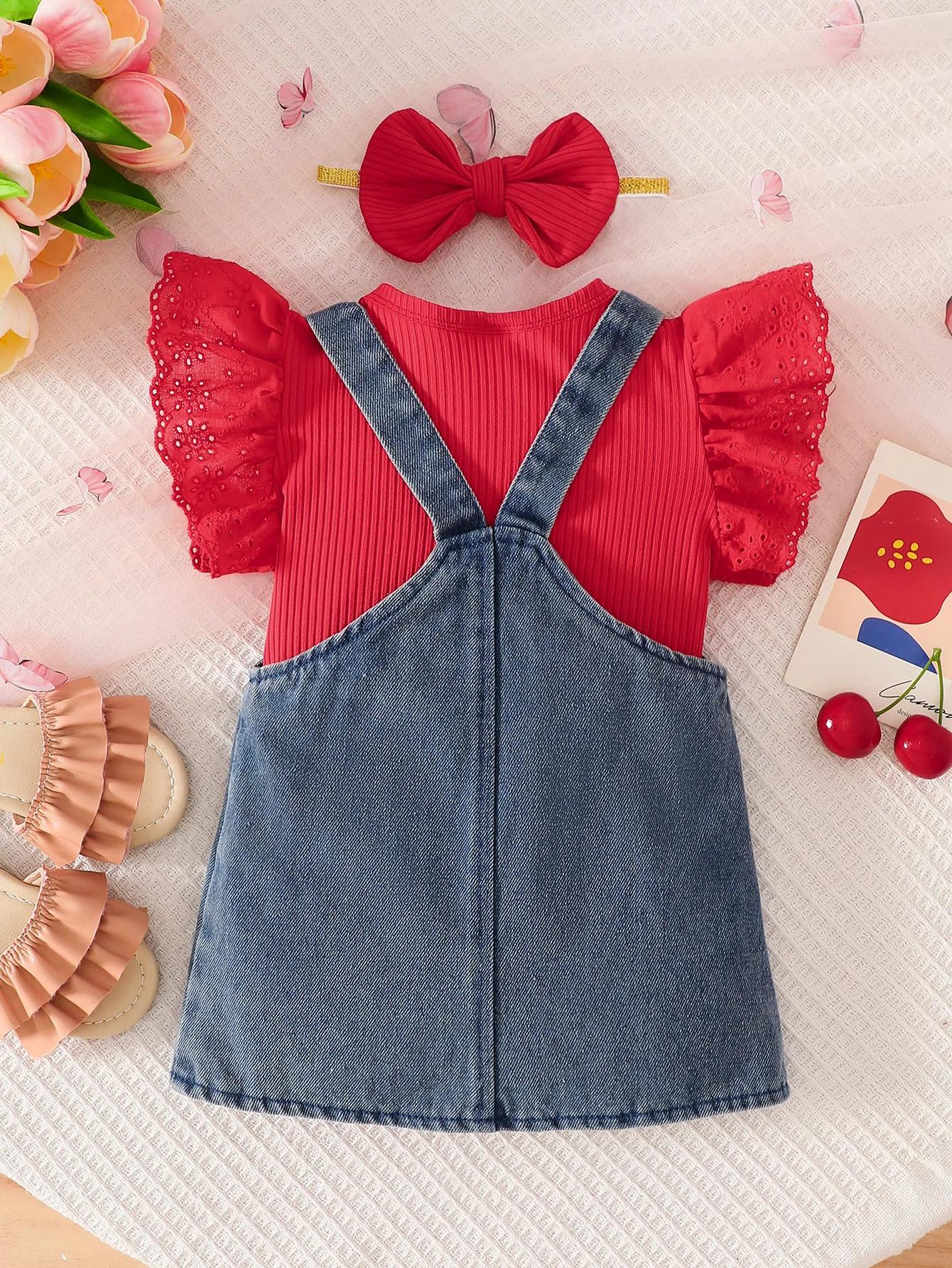Ensemble Salopette en Jean Brodé Cerises pour Bébé Fille, Combinaison à Manches en Dentelle Creuse,