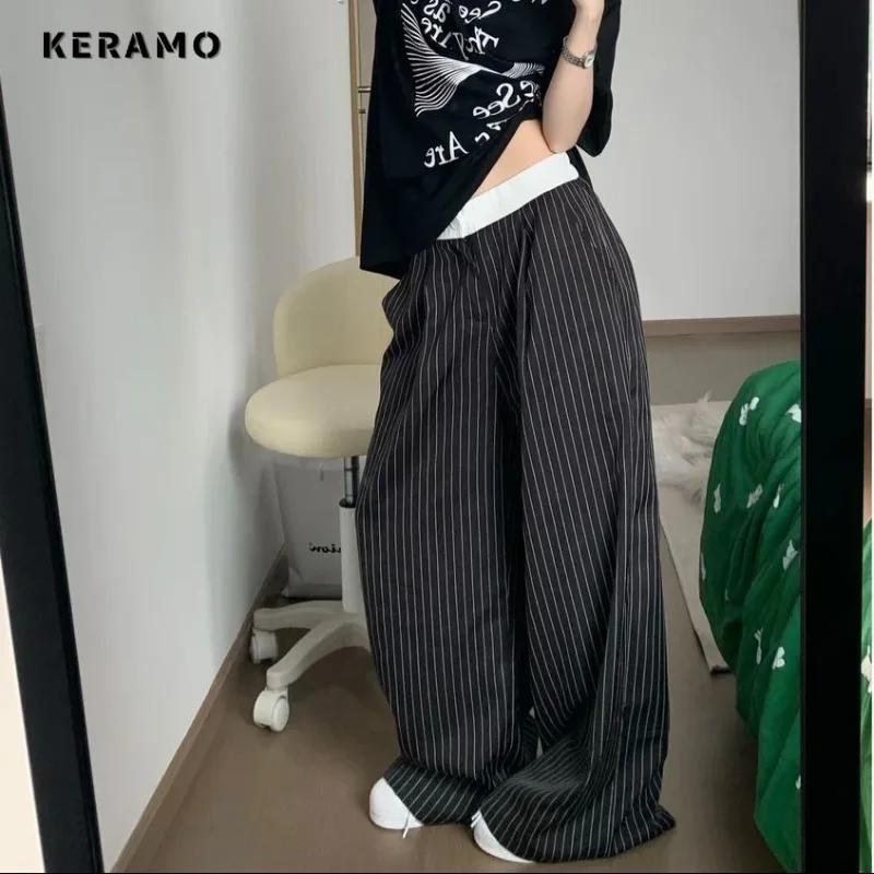 2025 printemps décontracté rayé imprimé taille haute jambe large Patchwork pantalon femmes Baggy mod